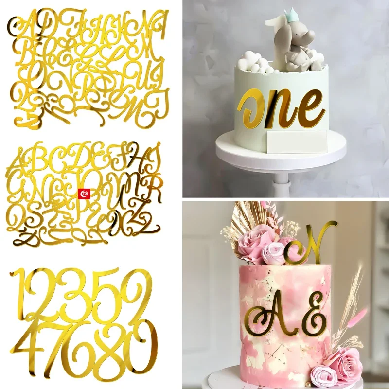 Golden Mirror Acrylic A-Z English Letter Alphabet Cake Decorating for Birthday Party Wedding Dessert DIY Decoration Cake Toppers