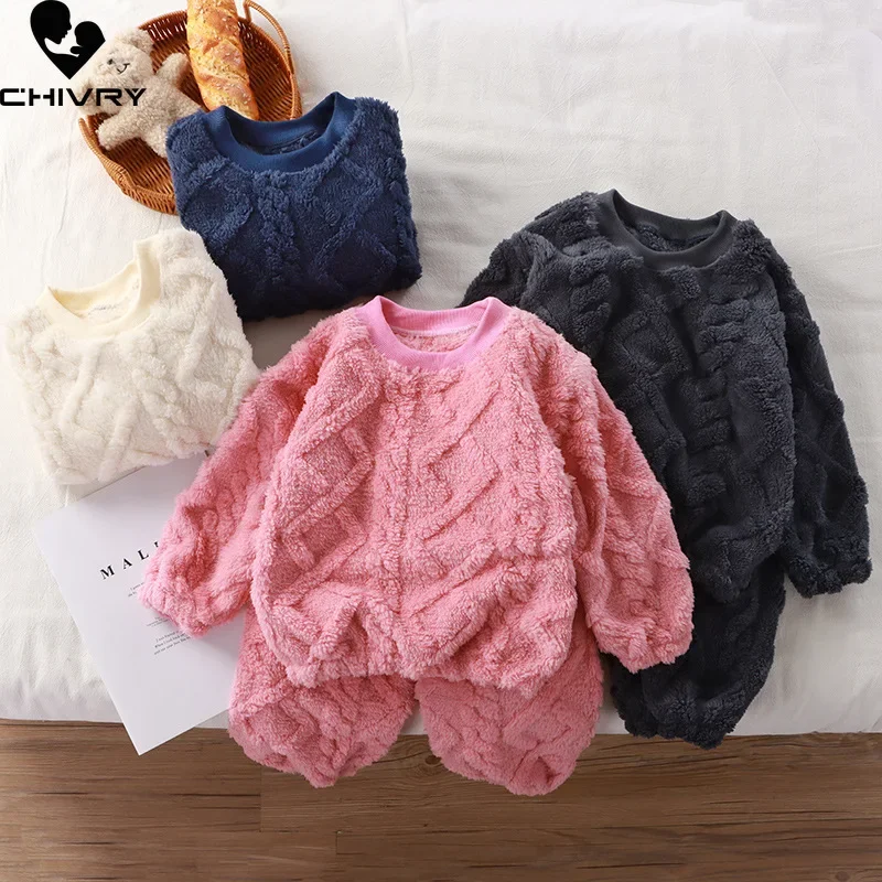 

New 2023 Winter Kids Thicken Warm Soft Flannel Pajamas Baby Boys Girls Solid Long Sleeve O-neck Sleepwear Clothing Sets Pyjamas