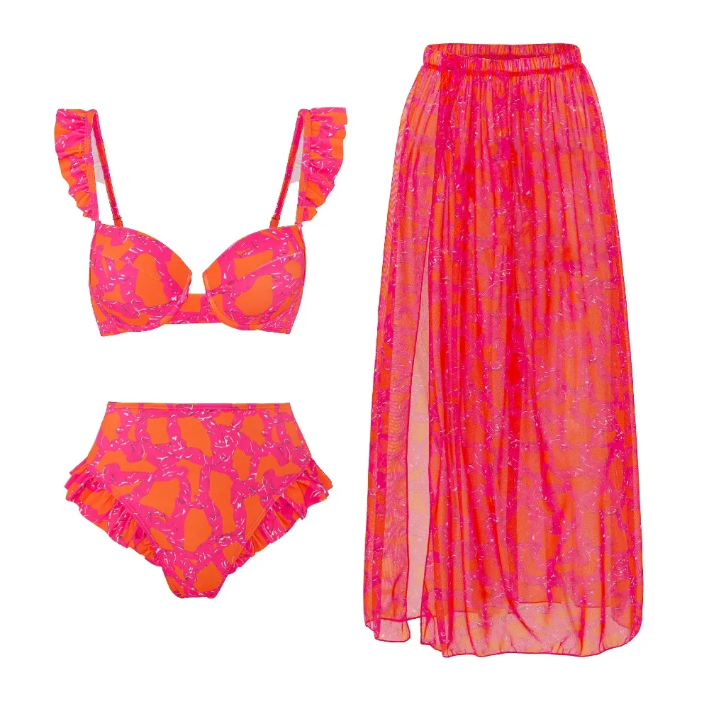 

Women's Ruffle Print Bikini and Skirt Swimsuit, Elegant Bathing Suit, Luxury Fashion, Summer, 2 Pcs