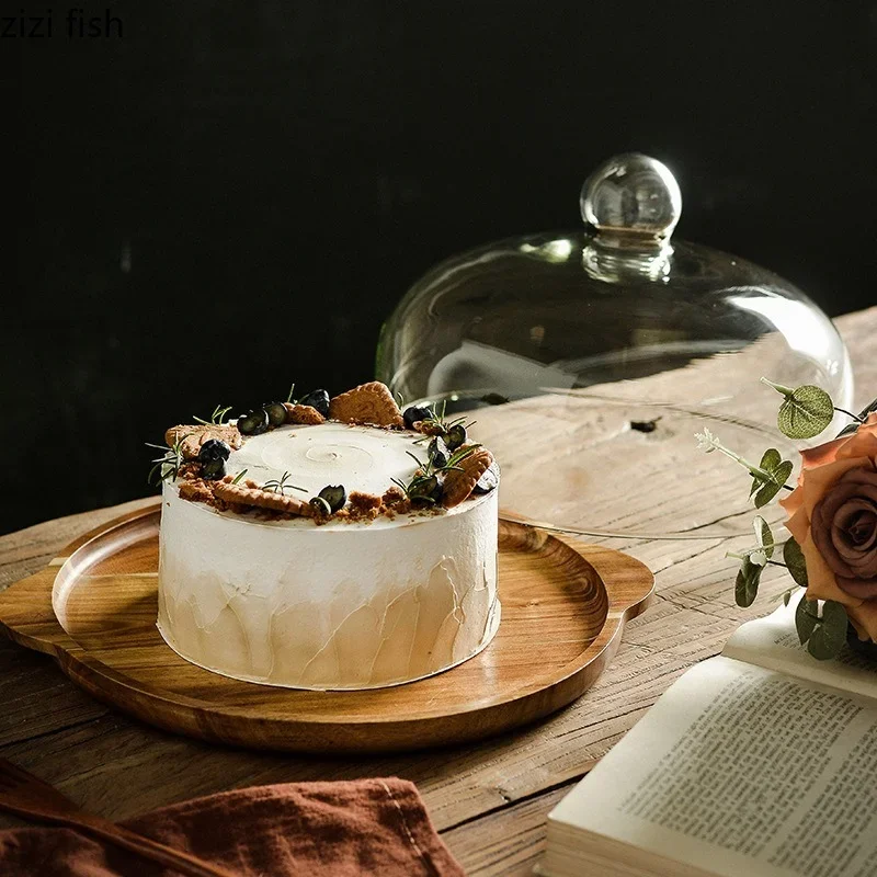 Wood Cake Pan Glass Cover Cake Stand Bread Pan Fruit Tray Dessert Plate Dim Sum Plate Snack Tray Refreshment Trays Display Stand