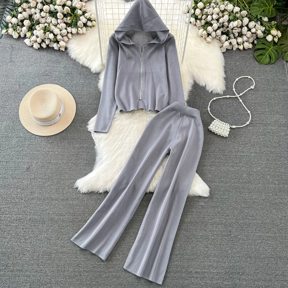 

Fashion Women's Korean Long Sleeve Hooded Slim Fit Zipper Knitted Sweater Top Coat Two Piece Set With High Waist Wide Leg Pants