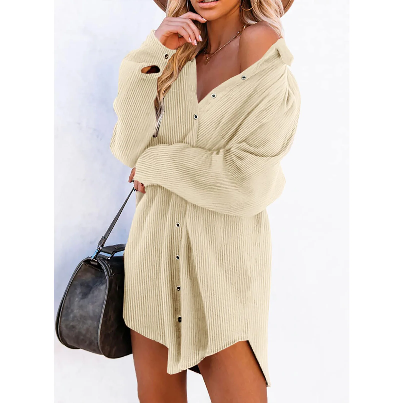 

Women's Casual Long Sleeve Dress Buttoned Corduroy Shirt Dress