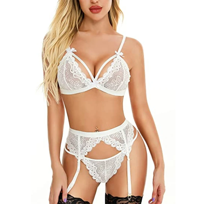 lace underwear set Plus Size Women Sexy Hot Erotic Bra Set Sexy Hollow Out Teddy Bodysuits Underwear Set Lace Deep V Open Lingerie + Stockings Sets matching bra and panties Bra & Brief Sets