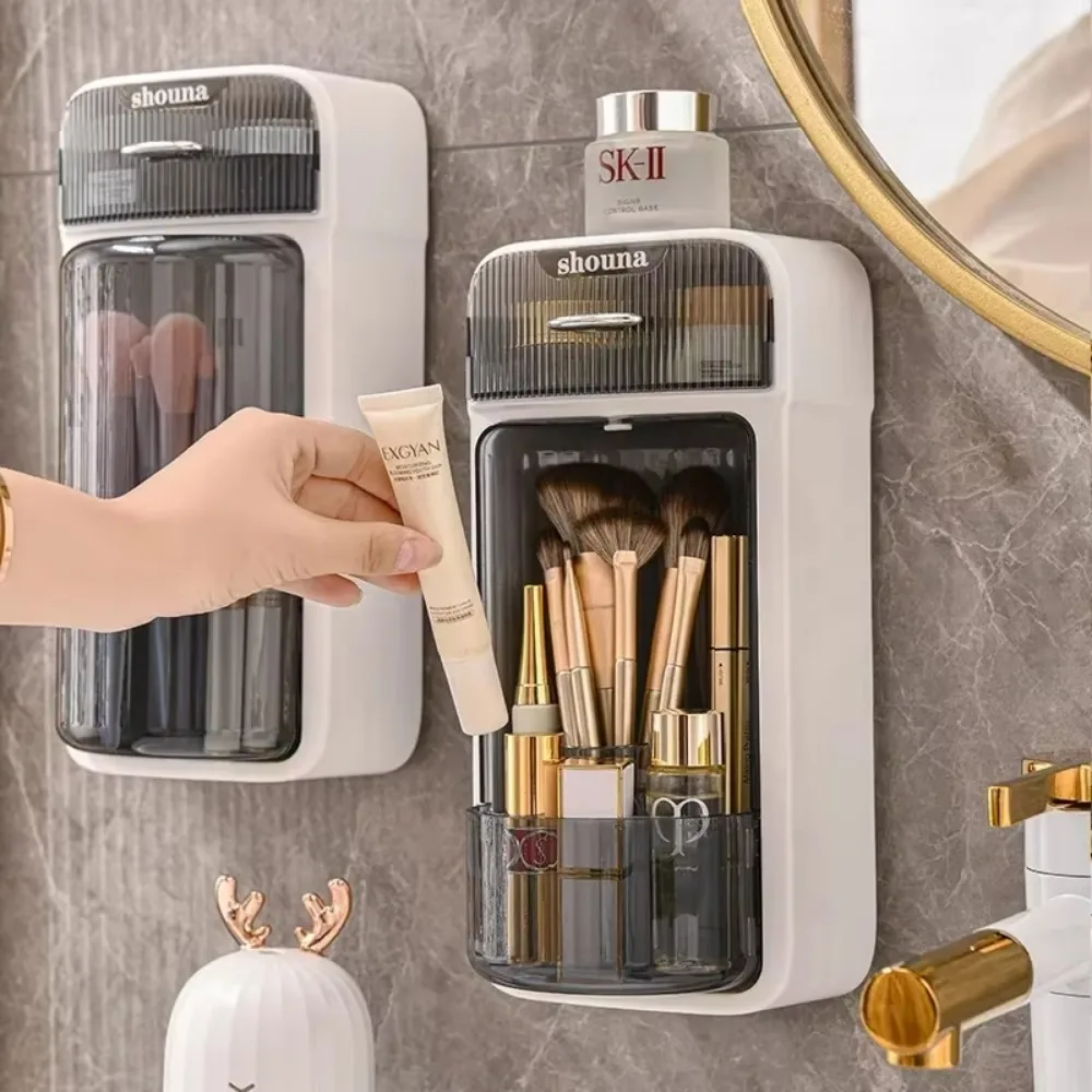 360 rotation makeup brush organizer,wall mounted four-grid design versatile 360°rotating fliptop dust-proof Holder with Drawer 4