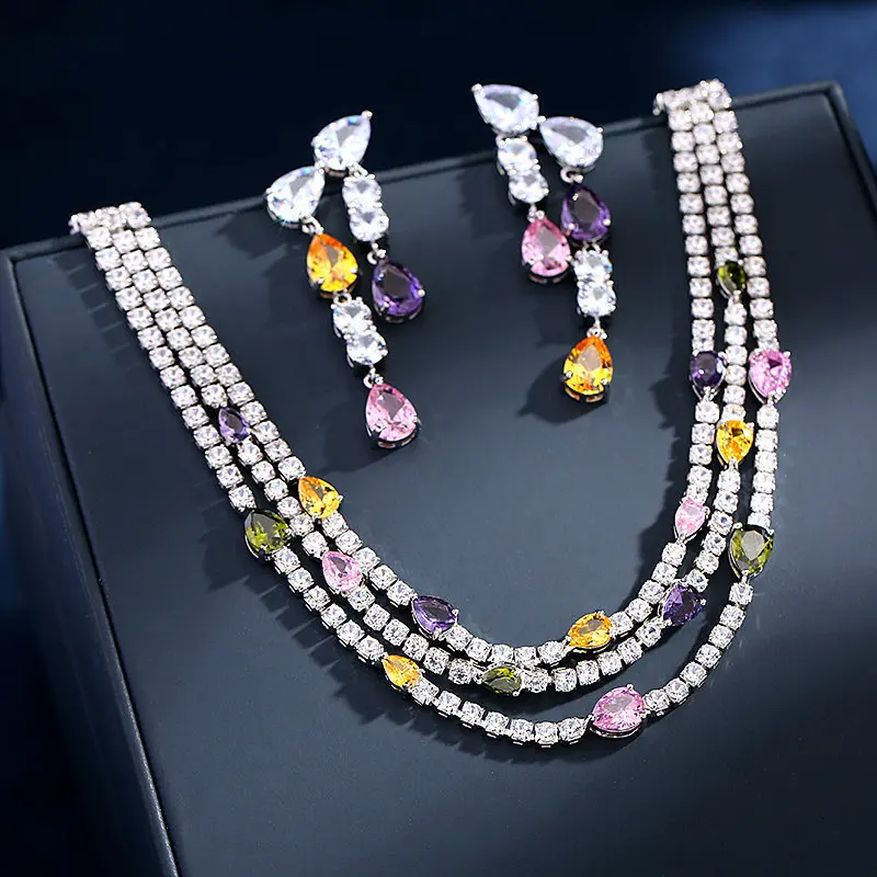 

Luxury Evening Dress Jewelry Set Colorful Teardrop CZ Multi-layered Choker Necklace Earrings Statement Jewelry for Women