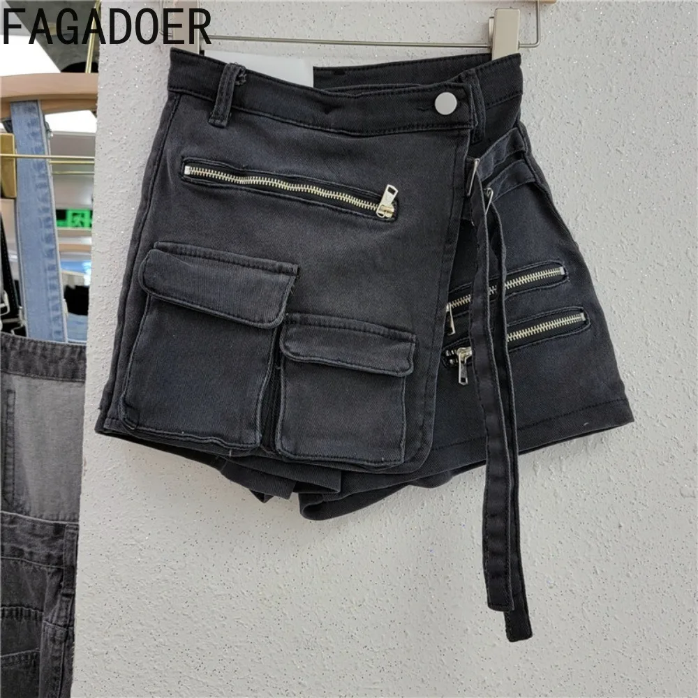 FAGADOER Summer Irregular Pocket Cargo Denim Shorts Women High Waisted Button Zipper Jean Casual Female Matching Cowboy Bottoms