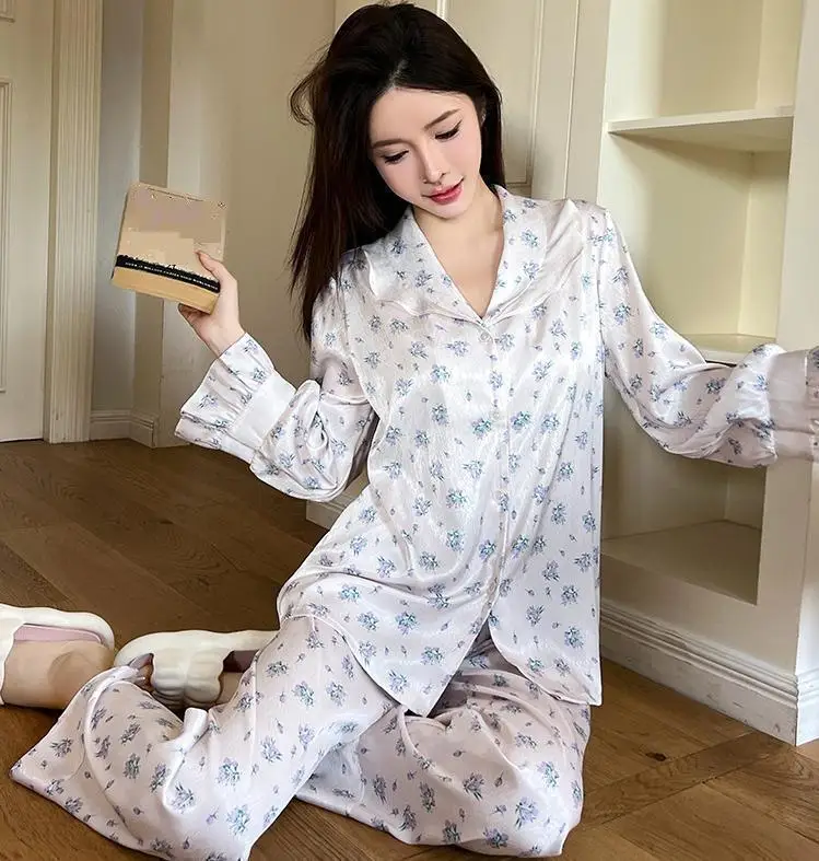 

Print Sleewpear Pijamas Suit Women Long Sleeve 2PCS Pajamas Set Lingerie Spring Autumn Silky Satin Nightwear Home Clothes