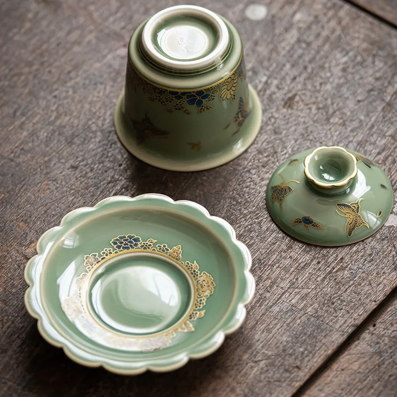 Chinese style retro celadon covered bowl creative ceramic tea bowl large tea cup Kung Fu set brewing