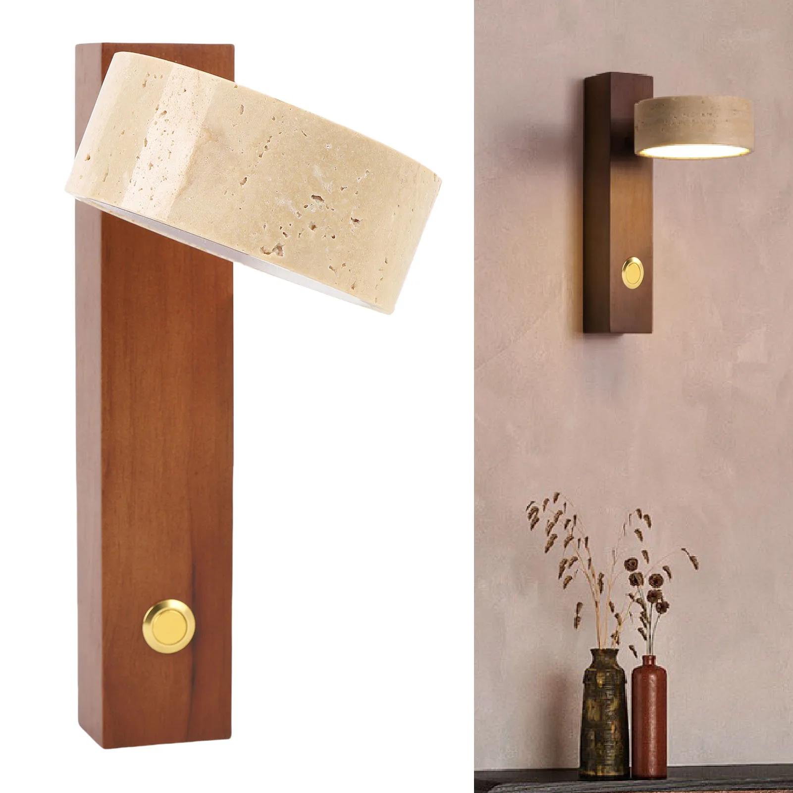 LED Wall Lamp Warm Light Rustic Industrial Wall Sconce Hardwired Press Key  Stone Wood Adjustable Angle for Bedside