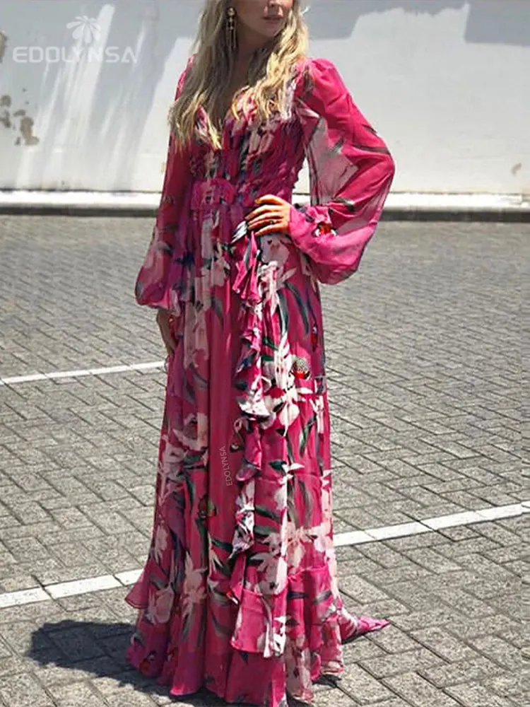 Purple Print Print Bikini Cover-ups Sexy Cross Open Back Long Sleeve Summer Dress Women Beach Wear Swim Suit Cover Up A914