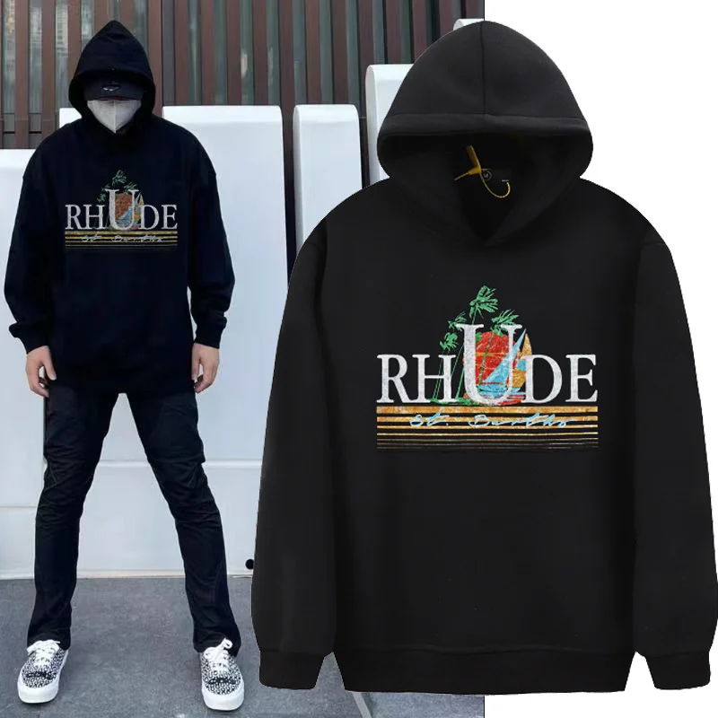 

RHUDE New Coconut Print High Street Black Large Men's And Women's Sports Brushed Hoodie