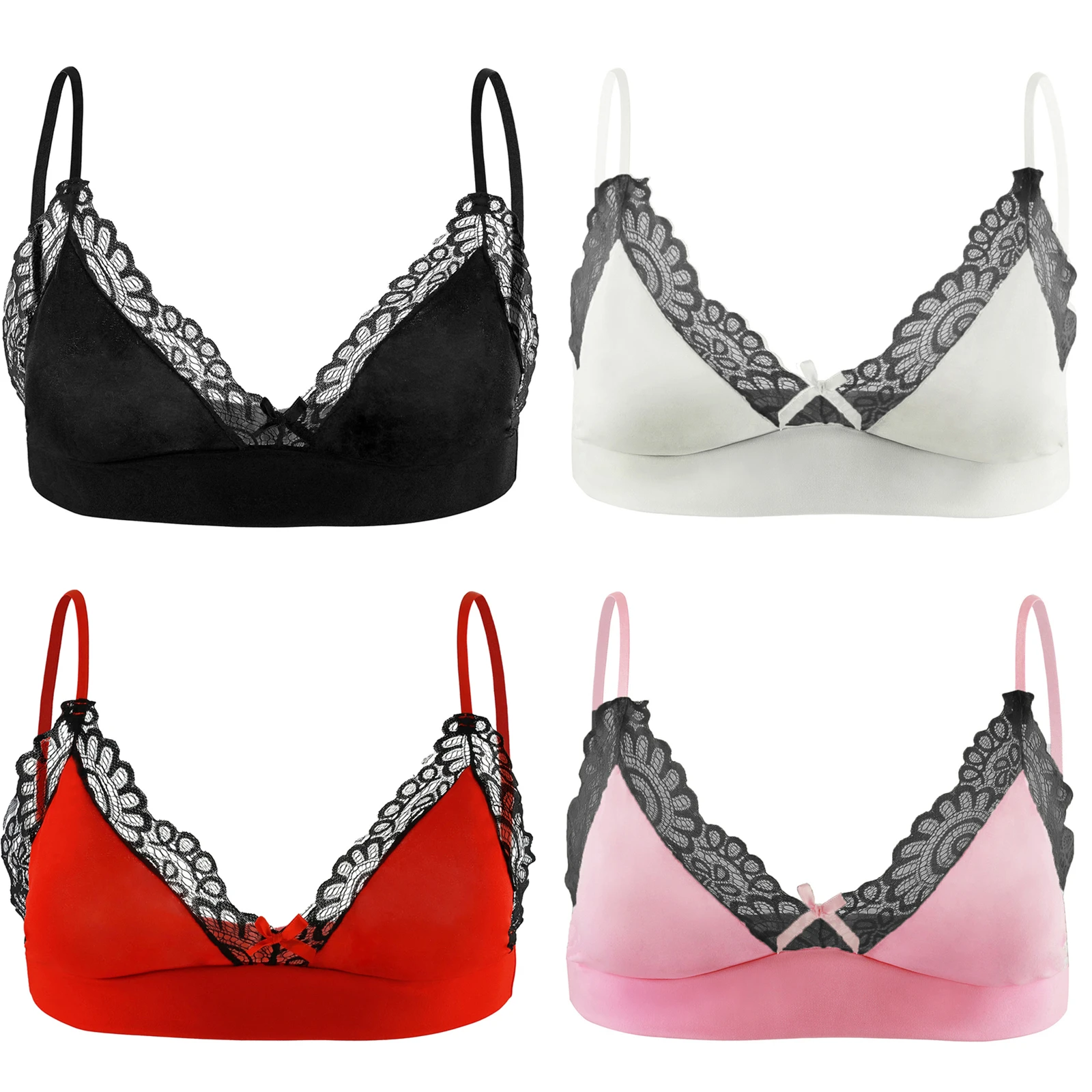 Mens Lace Sissy Lingerie Bra Top Underwear Nightwear Adjustable Spaghetti Strap Bra Bow Sheer Erotic Sexy Tops