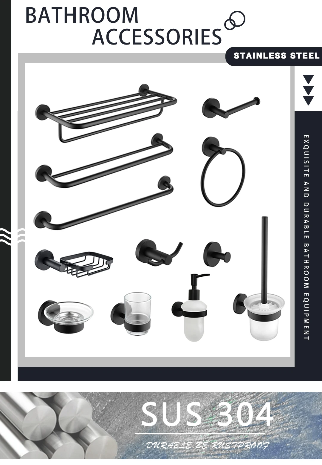 Description Picture 2 of itemBlack Stainless Steel Bath Hardware Towel Ring Rail Rack Tissue Paper Holder Toilet Brush Holder Soap Dish Bathroom Accessories