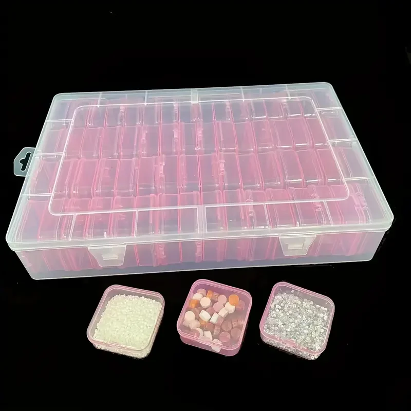 64pcs Large Capacity Transparent Storage Box Set-Portable Organizer for Beads, Jewelry & Small Items-White/Pink