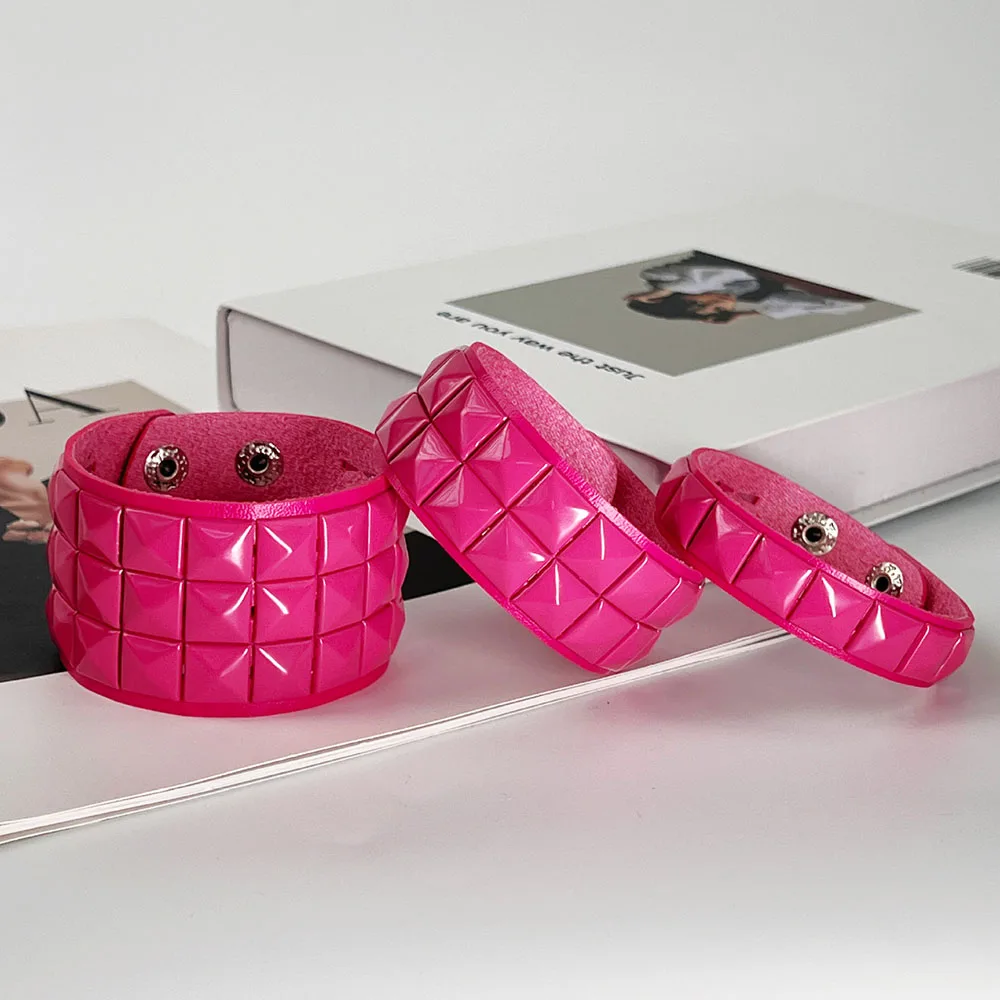 Women's Punk Pyramid Stud Leather Bracelet Adjustable Hot Pink Wide Cuff Bracelets Gothic Fashion Wristband Hand Jewelry Gift 4