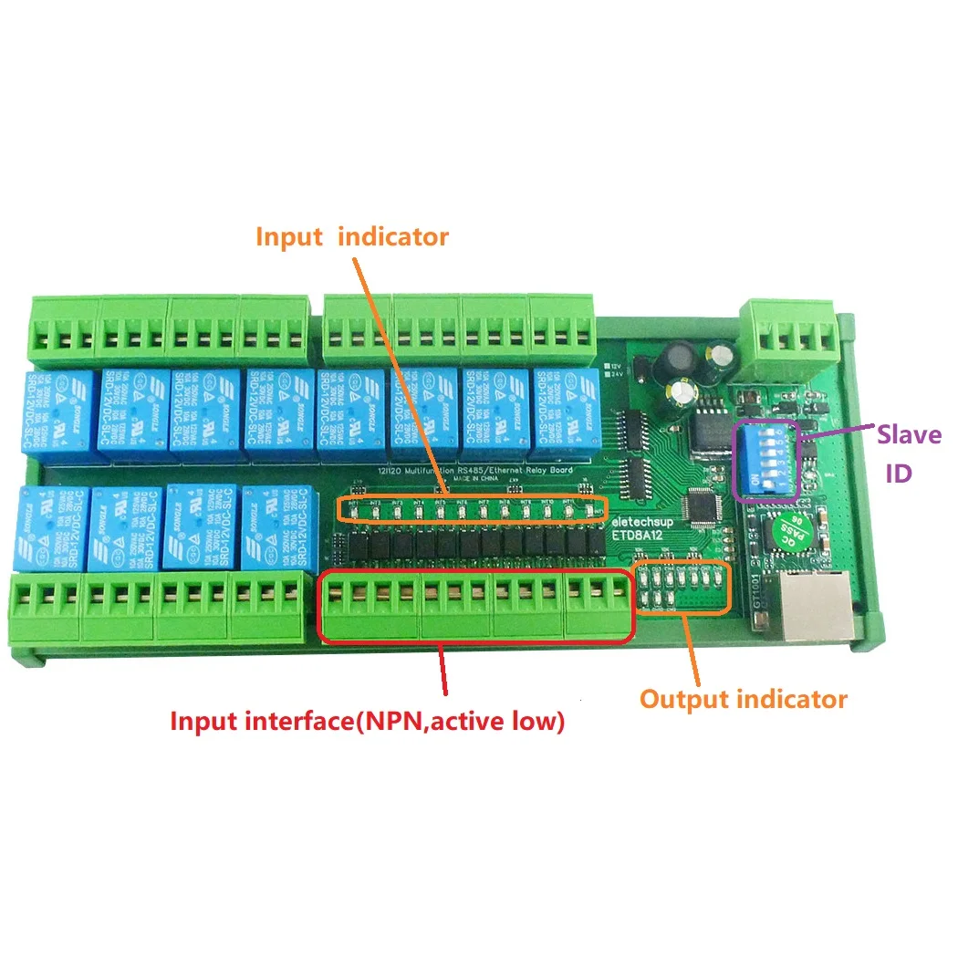 12V/24V 2 IN1 12 DIO 네트워크/RS485 릴레이 모듈 Modbus RTU TCP/IP UART 컨트롤러 스위치 보드, PLC PTZ 카메라 LED 용
