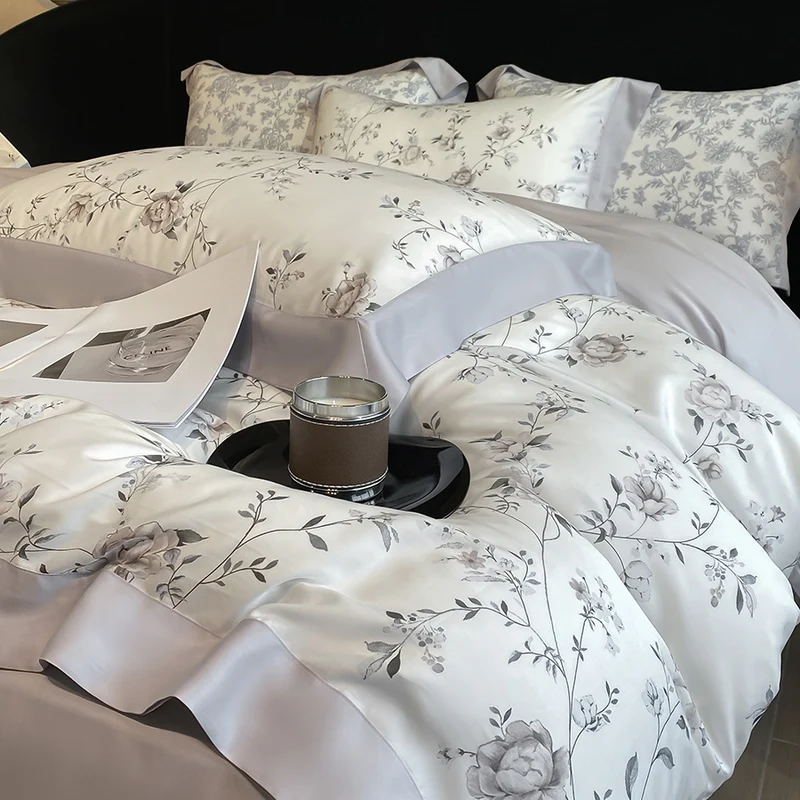 Luxury Digital Printing Flowers and Plants Bedding Set Lyocell Eucalyptus Fiber Soft Silky Duvet Cover Bed Sheet Pillowcase 4Pcs 3