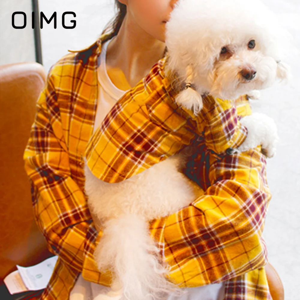 OIMG Spring Summer Thin Pet Parent-child Outfit Schnauzer Bichon Yellow Plaid Small Medium Dog Shirt Pet and Owner's Clothes