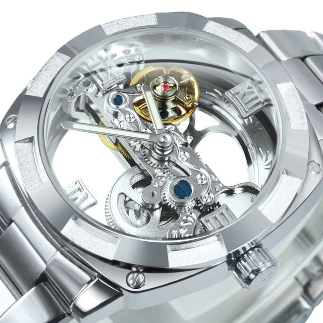 WINNER Luxury Skeleton Automatic Mechanical Watch for Men Luminous Golden Bridge Square Waterproof Watches Stainless Steel Strap 1