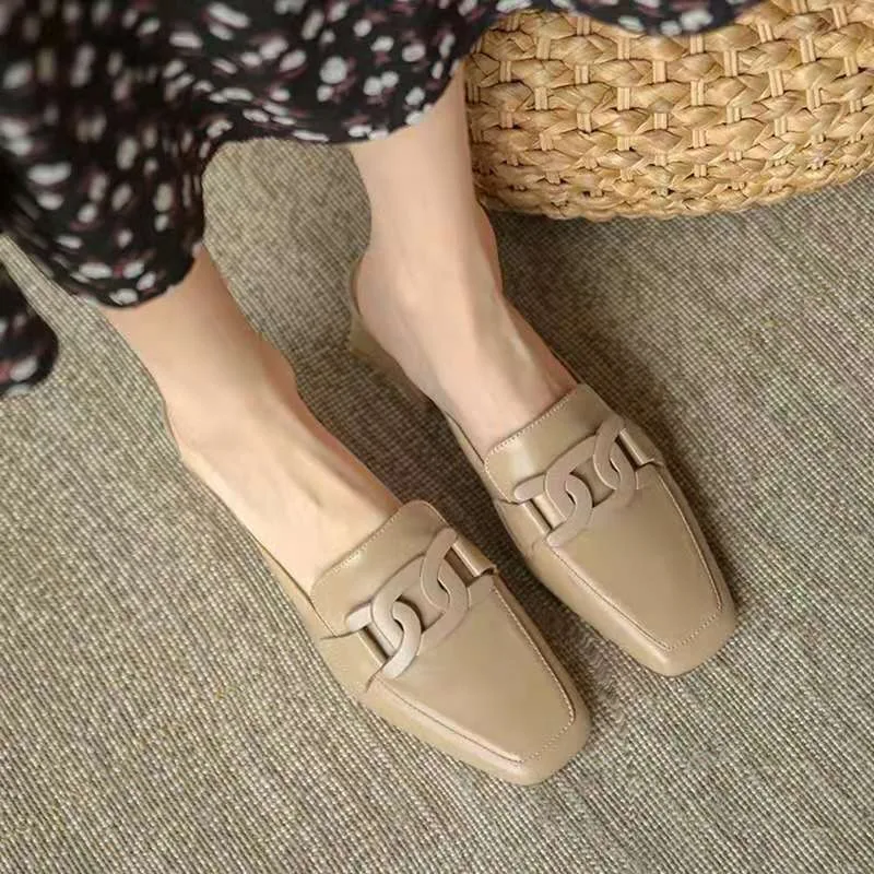 Women's Slippers Summer New Leather Low Heel Square Head Home Half Drag Casual Fashion Comfortable Height Sandals — view 3