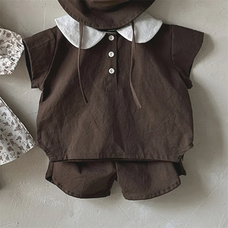 Korean version of ins boys and girls summer new fashion suit cotton trendy lapel short sleeve shorts casual two-piece set