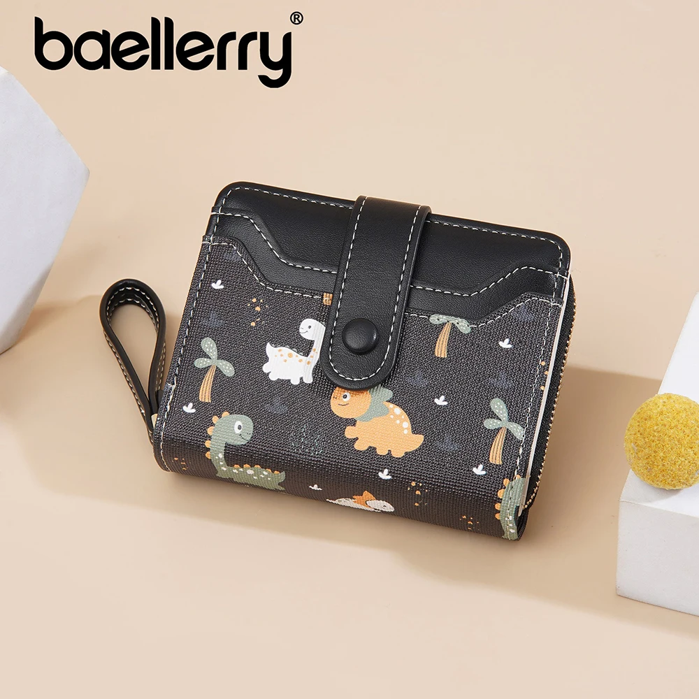 baellerry Cute Dinosaur Print Wallet for Women - Short Snap Button Design with RFID Blocking, 6 Card Slots Slim Compact