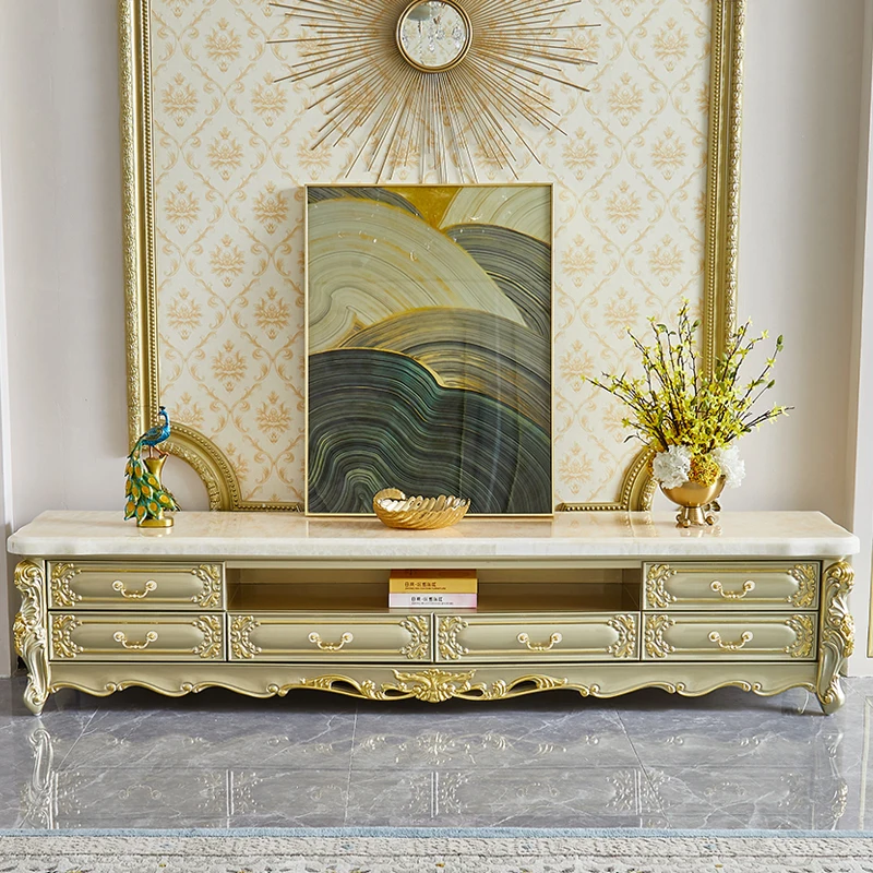 

European coffee table TV cabinet combination living room furniture small apartment marble floor cabinet golden solid wood