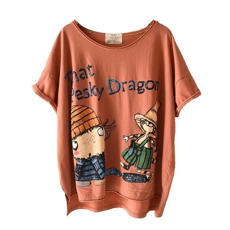 

2023 summer new large size T-shirt women's short sleeve Korean fan loose casual fat mm200 kg cartoon printing front short back l