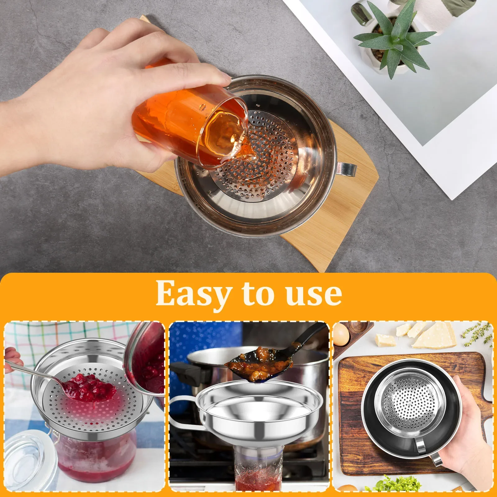 3Pcs Canning Funnel with Strainer Stainless Steel Canning Funnel Wide Mouth Kitchen Funnel Stackable Mason Jar Funnel for Kitche