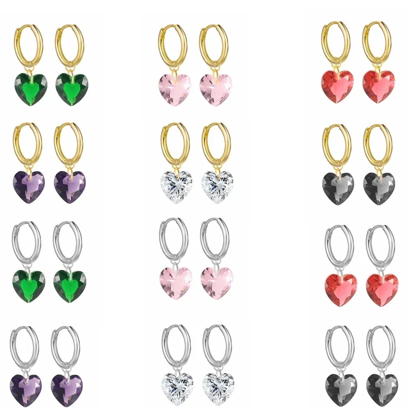 

925 Sterling Silver Needle Colorful Crystal Heart Pendant Hoop Earrings For Women Simple Luxury Earring Romantic Fashion Jewelry