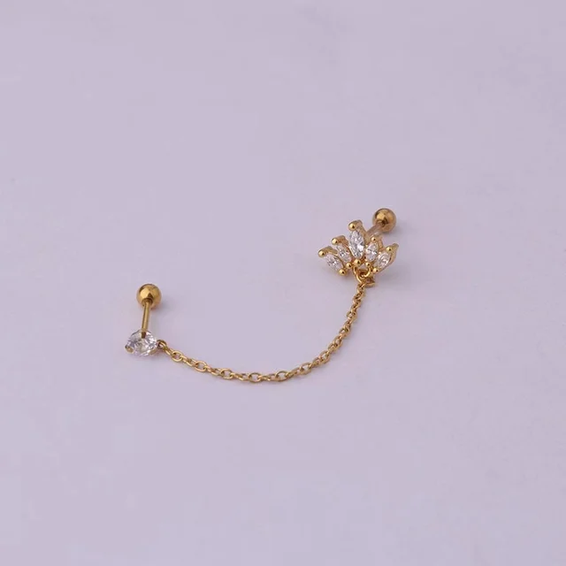 Boucles d'oreilles tendance en acier inoxydable pour femmes, 1 pièce, chaîne à Double perçage, fleur coréenne, Zircon, clous de perçage, bijoux à la mode