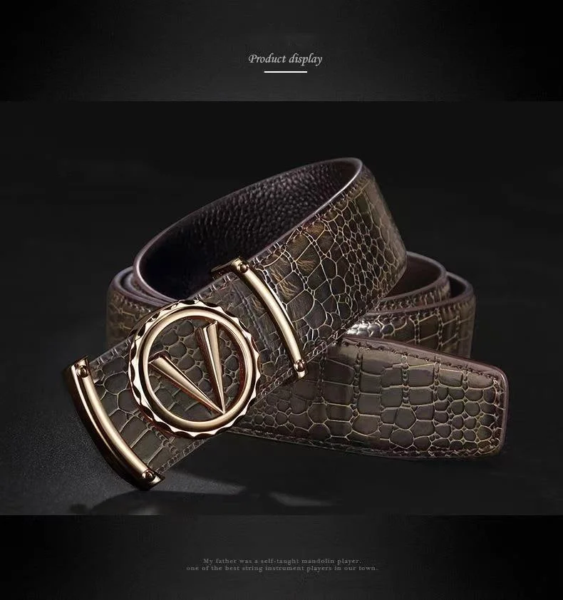 Neuer Krokodilgürtel für Herren aus Oberleder mit zahnloser automatischer Schnalle, echter Leder-Buchstaben-Modegürtel, trendige Marken-Freizeitanzughose_voghion.com