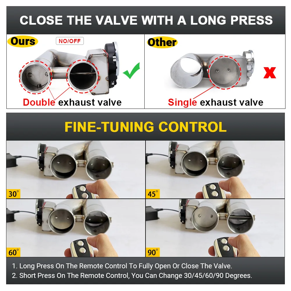15~90 Degree 2"2.25&lsquo;&rsquo; 2.5'' 3" Double Valve Electric Exhaust Cut Out Valve Exhaust Pipe Muffler Kit With Wireless Remote Control