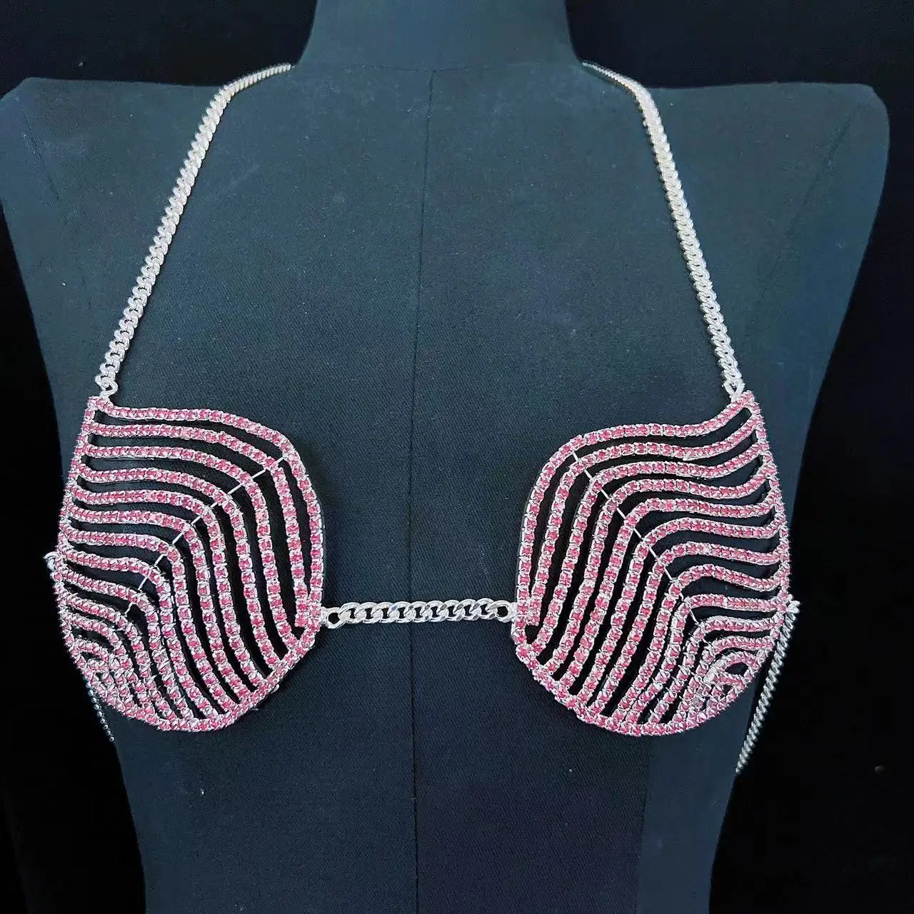2022 fashion luxury Pink Rhinestone bra chain women's sexy underwear crystal bra layered corset nightclub tight sling underwear