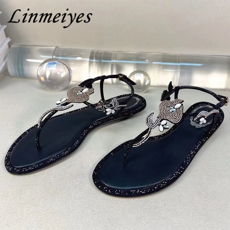 

Fashion Flat Sandals Women Luxurious Flower Crystal Hasp Shoes Women Sandals Beach Holiday Sandals Flip Flops Sandalias Mujer