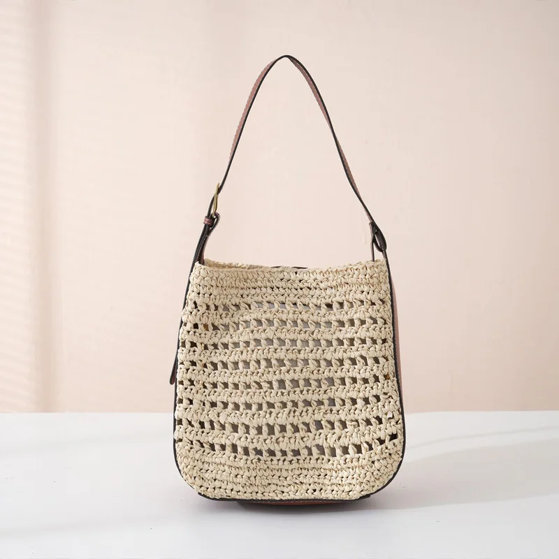 Hollow Design Woven Women's Beach Bucket Bag Shoulder Purse Handwoven Summer Large Capacity Underarm Handbag