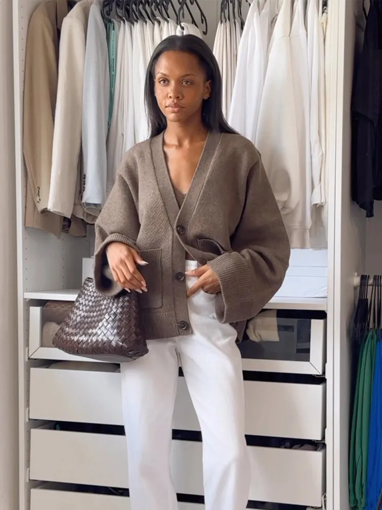 Women Classic Solid V Neck Pocket Cardigan Casual Long Sleeve Single-breasted Sweater Fall Fashion New Lady Commuting Streetwear 5
