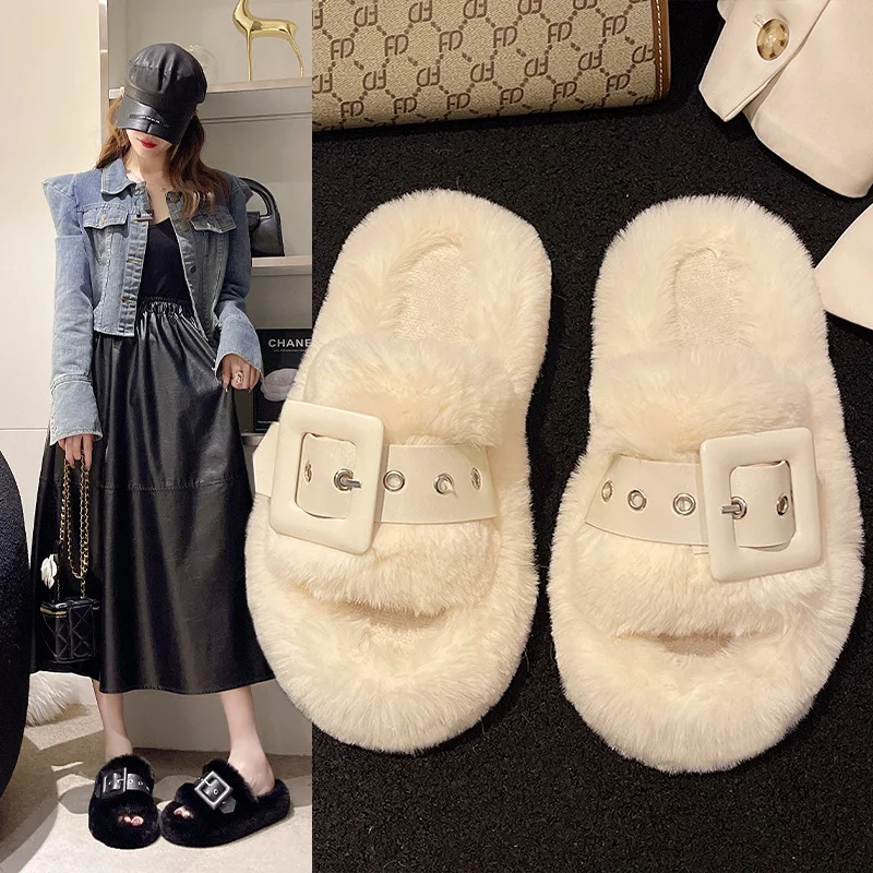 

House Slippers Platform Shoes Slides Fur Flip Flops Slipers Women Winter Footwear Big Size Flock Low Plush 2023 Flat Massage Bas