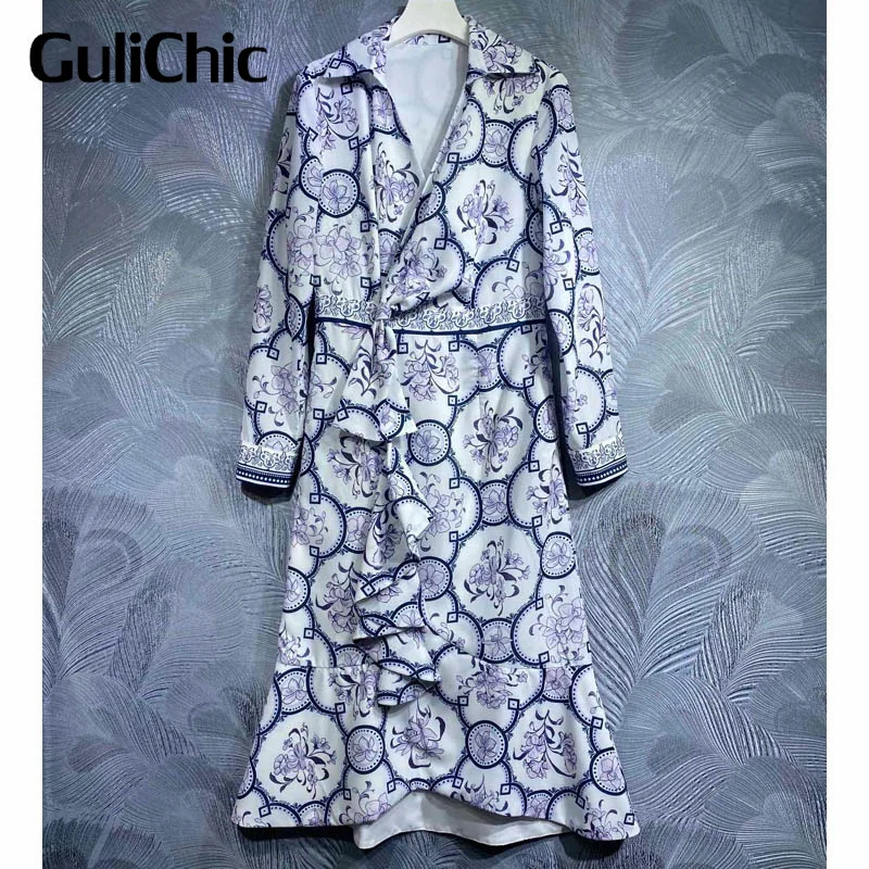 

11.1 GuliChic Elegant Temperament Flower Print Collect Waist Ruffles Decoration Slim Long Sleeve Dress Women