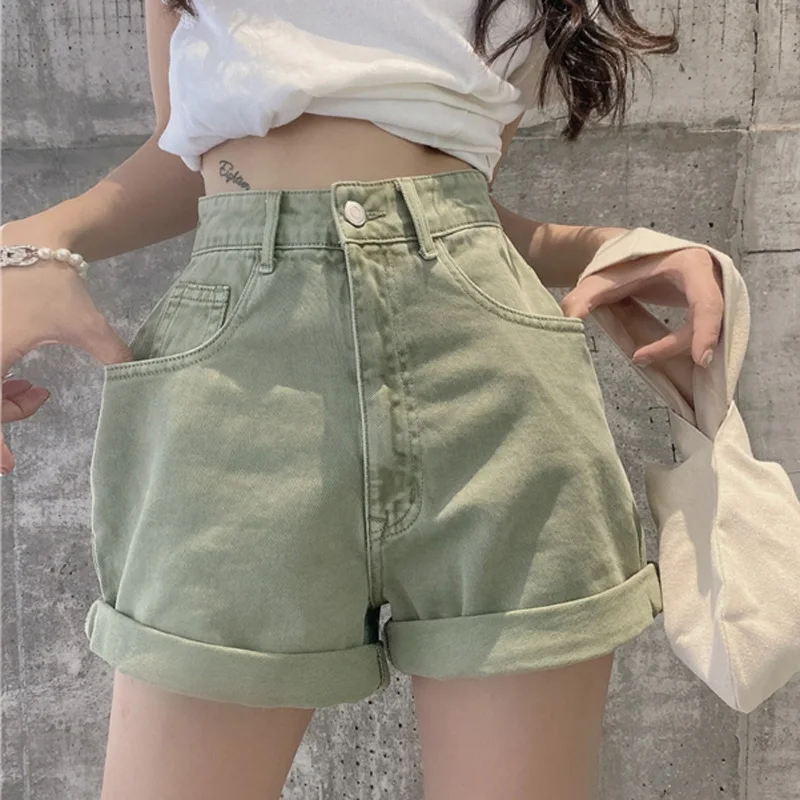 2024 Summer Women Casual Loose Vintage Wide Leg Short Jeans Female New High Waist Harajuku Green Blue Denim Shorts College Style