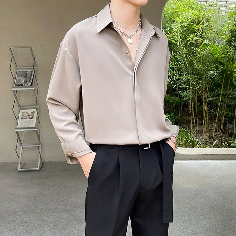 High Sense Grey Draping Feeling Ruffian Handsome Men's Clothing Chiffon Loose Office Commut Long Sleeve Turn Down Collar Shirts
