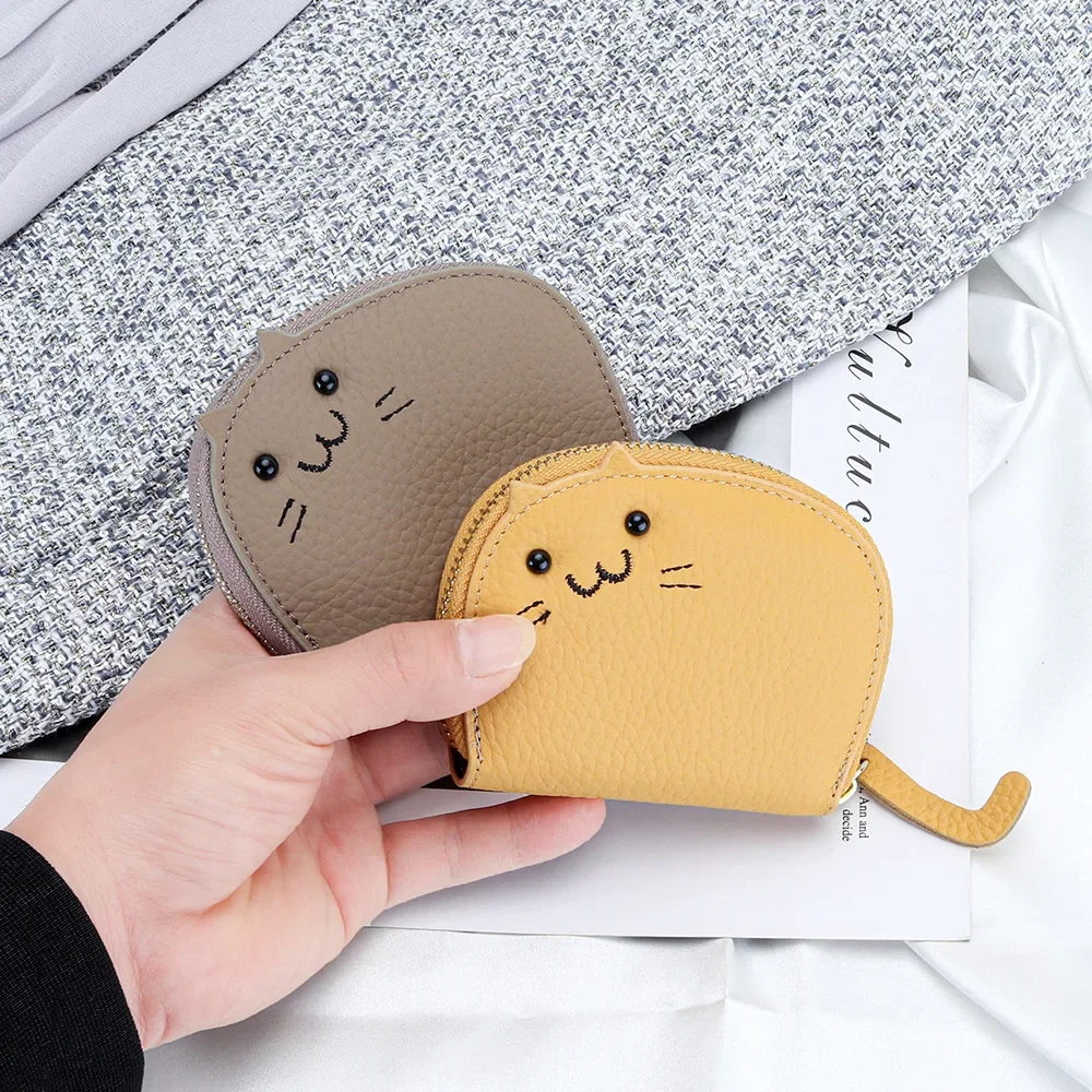 Credit Card Holder Wallet Zipper Organ Card Cases Holder for Men Women Cute Kitten Small Genuine Leather Coin Purse Cardholder