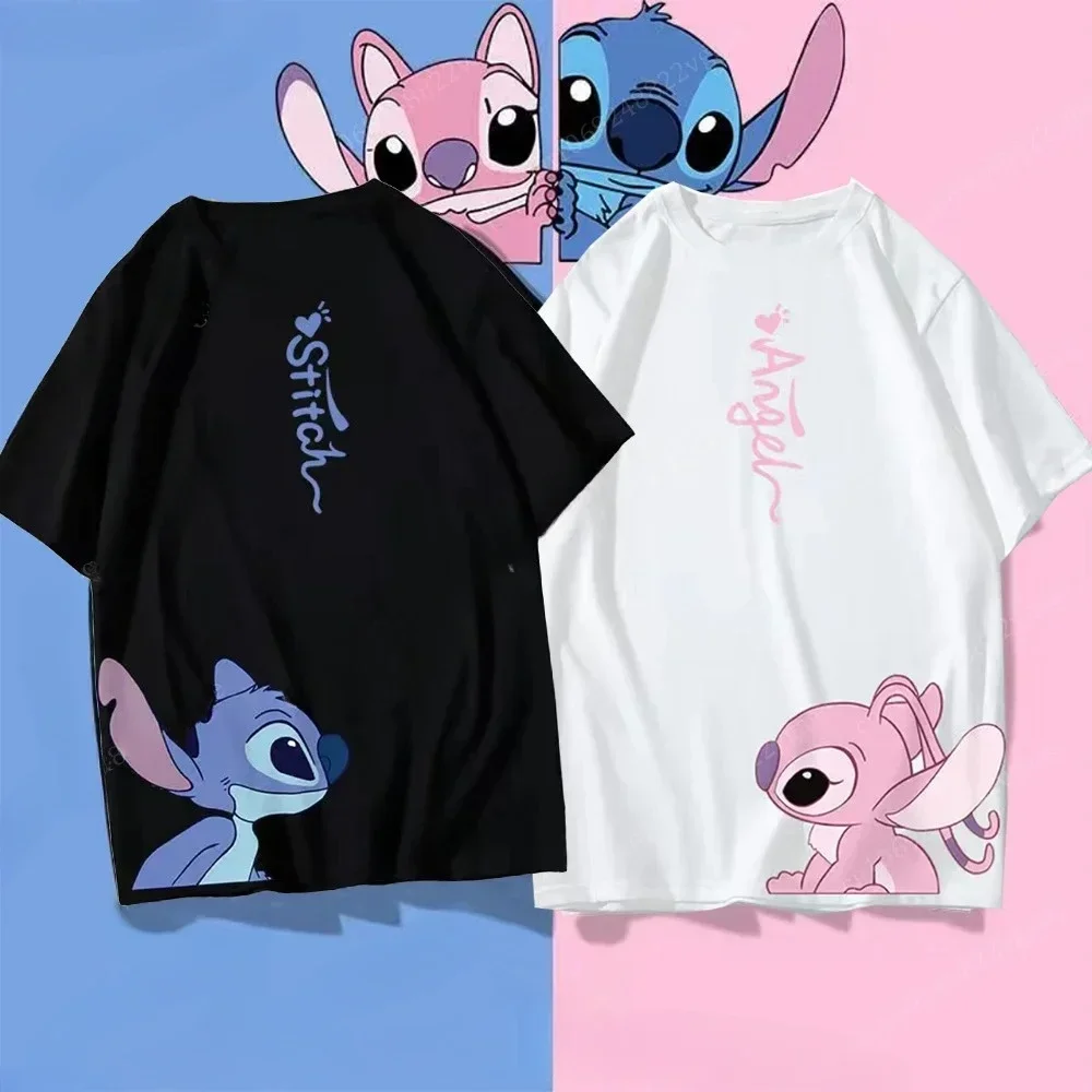 Casual T Shirt Family Outfits Summer Disney Stitch and Angel Couple Cotton T Shirt Men Women Short Sleeve Boys Girls Kids Tees Children Clothes