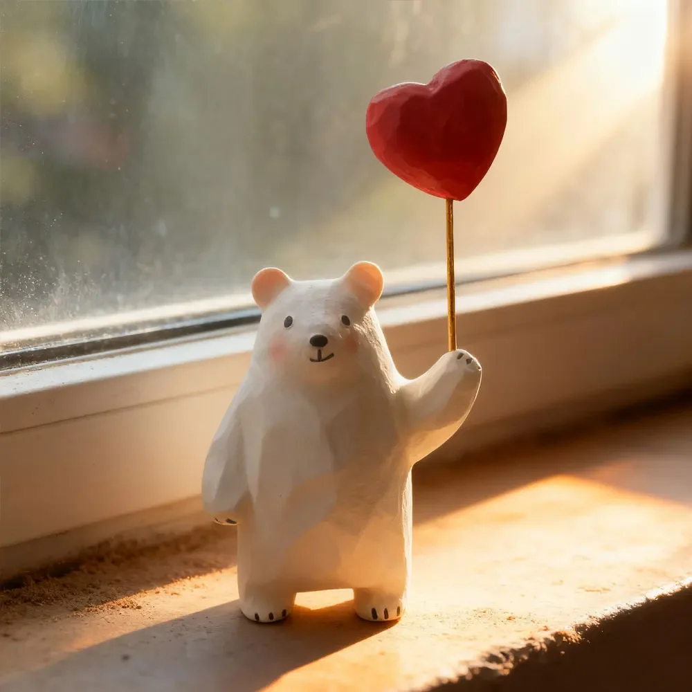 Handwork Wooden Carve Bear Figurine with Heart Crafts Desktop Ornament Office Room Home Decor for Friend Birthday Xmas Gifts 5