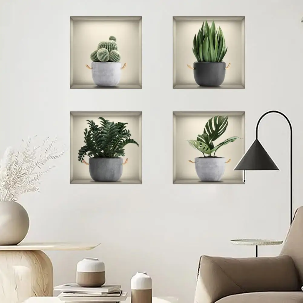 

4Pcs/Set Wall Sticker 3D Effect Potted Green Plants Theme DIY Living Room Decor Bedroom Decoration Wall Art Decal Home Supplies