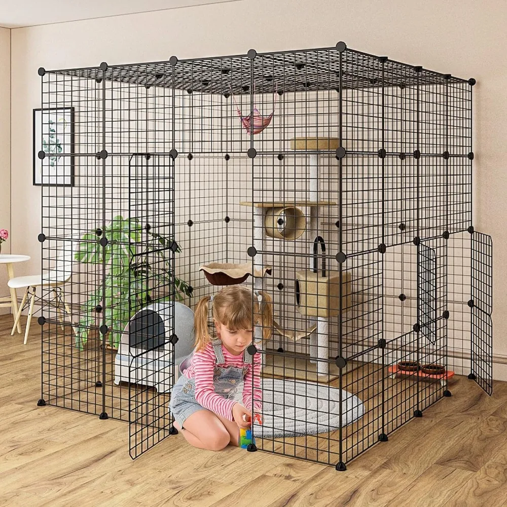 Large Cat Cage Enclosure Indoor Cat Playpen Metal Wire 4-Tier Kennels Crate Ideal for 1-4 Cats 55L x 55W x 55H Inch Black