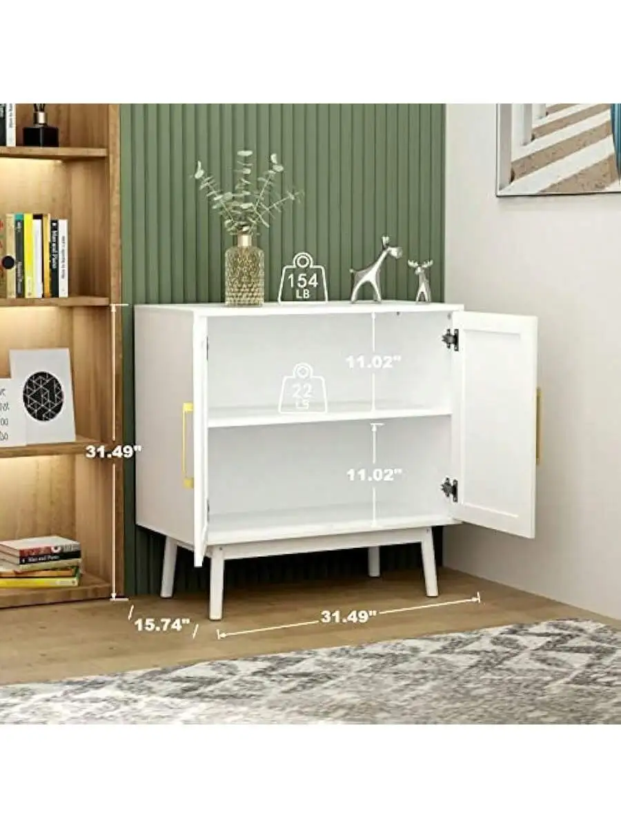 JOZZBY Rattan Sideboard Buffet Cabinet Set of 2 White Cabinet with Rattan Doors and Adjustable Shelves Accent Cabinet fo 2