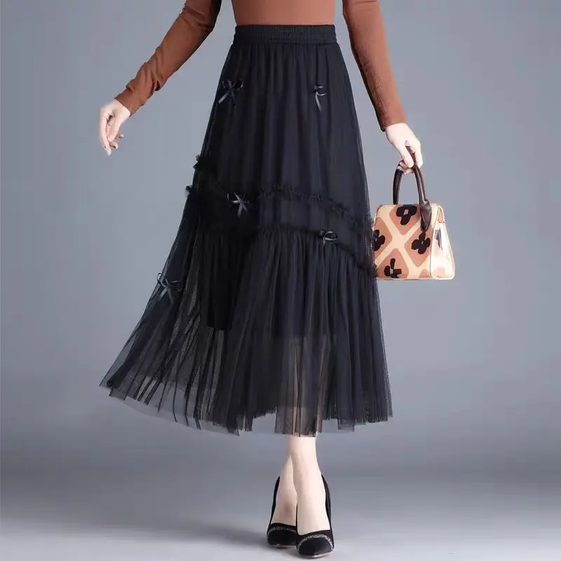 

Treutoyeu Fashion Sweet Bow Tulle Pleated Black Long Skirts for Women High Waist Pink Patchwork A-line Fairy Skirt Korean Style