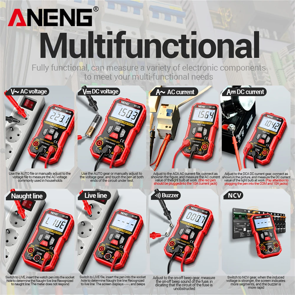 다기능 미니 멀티미터 ANENG M128 6000 카운트 AC/DC 전압 전류 저항 커패시터 NCV 전압 유도 테스터 도구