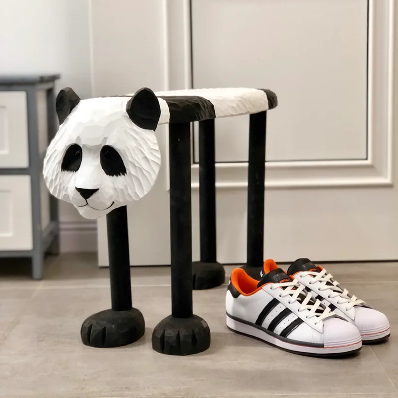 

Solid wood hand-carved large Panda stool home shoe changing stoolen creative panda furniture
